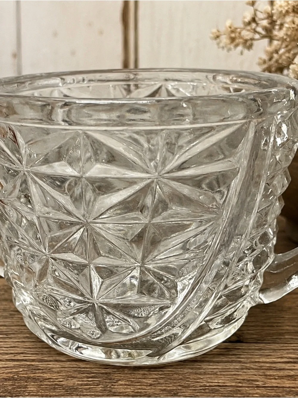 Vintage Pressed Glass Double Handled Open Sugar Bowl Daisy & Star Pattern EAPG
